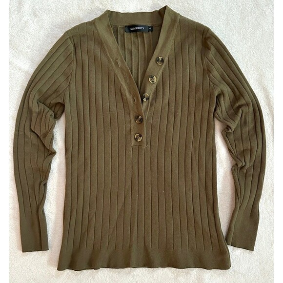 Merokeety Ribbed V-neck Long Sleeve Sweater size S dark green ¼ button up - Picture 2 of 6